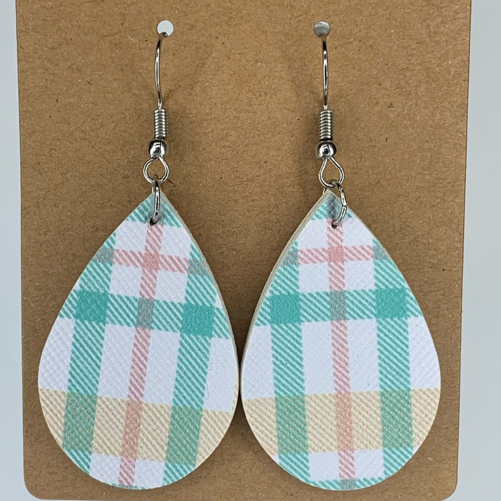 Mini Faux Leather Teardrop Earrings Spring Plaid Fashion Jewelry - Picture 5 of 5